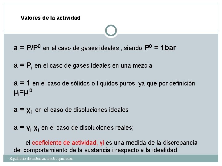 Valores de la actividad a = P/P 0 en el caso de gases ideales