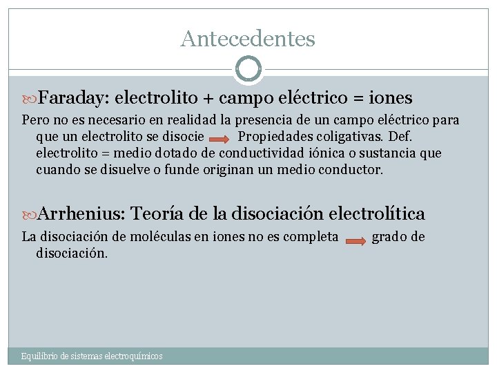Antecedentes Faraday: electrolito + campo eléctrico = iones Pero no es necesario en realidad
