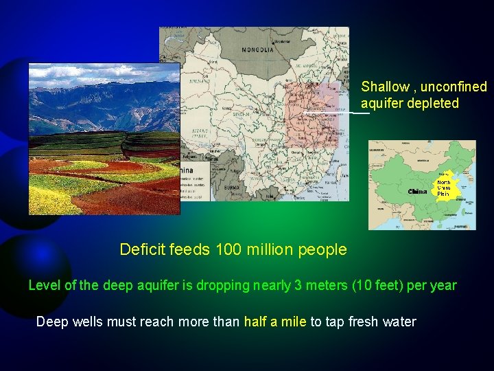 Shallow , unconfined aquifer depleted Deficit feeds 100 million people Level of the deep