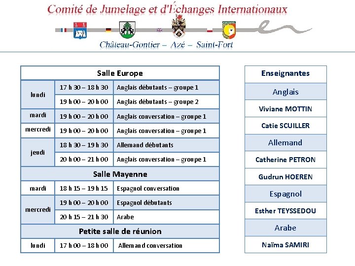 Salle Europe 17 h 30 – 18 h 30 Anglais débutants – groupe 1