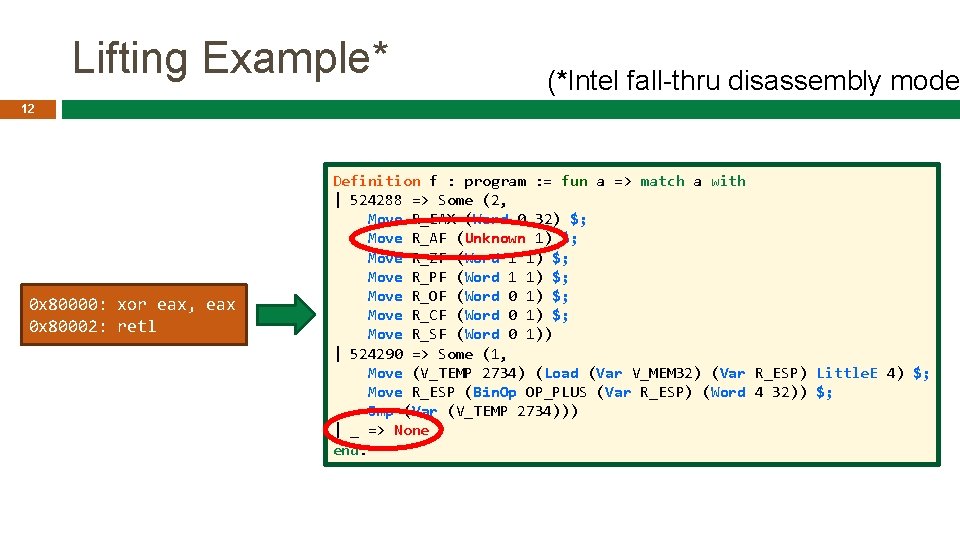 Lifting Example* (*Intel fall-thru disassembly mode 12 0 x 80000: xor eax, eax 0
