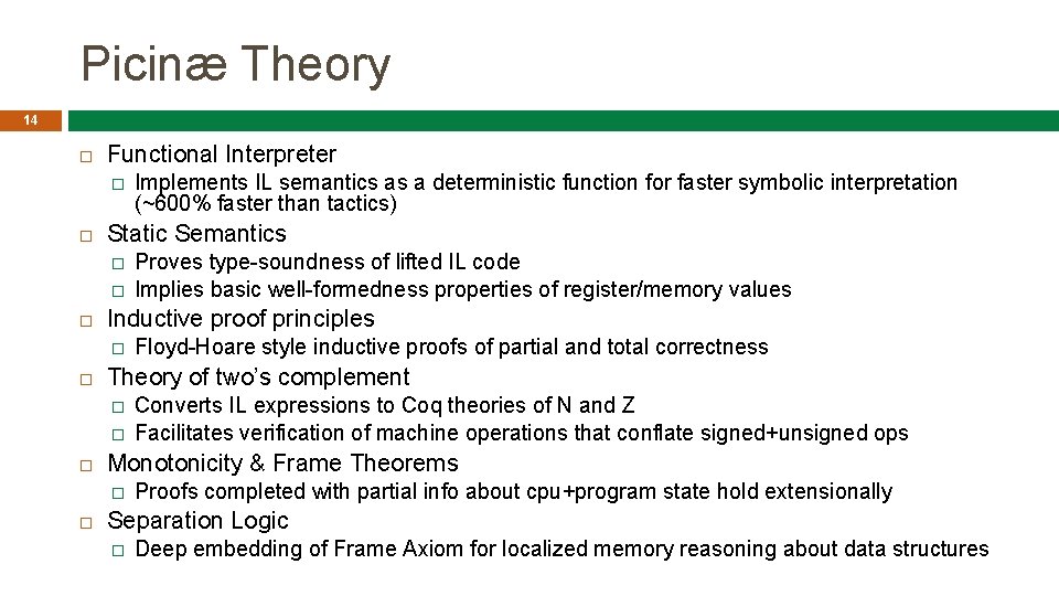 Picinæ Theory 14 Functional Interpreter � Static Semantics � � � Converts IL expressions