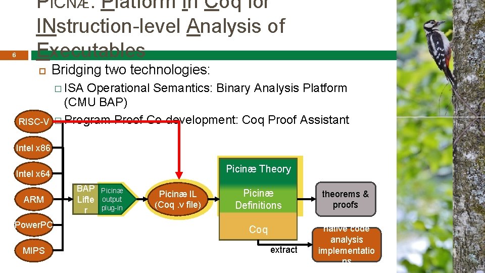 6 PICNÆ: Platform In Coq for INstruction-level Analysis of Executables Bridging two technologies: �