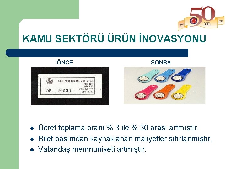 KAMU SEKTÖRÜ ÜRÜN İNOVASYONU ÖNCE l l l SONRA Ücret toplama oranı % 3