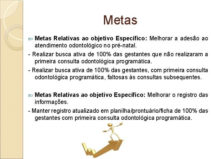 Metas Relativas ao objetivo Específico: Melhorar a adesão ao atendimento odontológico no pré-natal. -