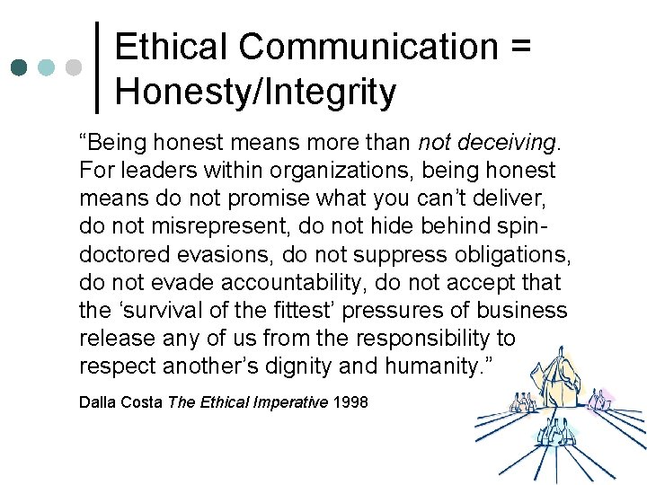 Ethical Communication = Honesty/Integrity “Being honest means more than not deceiving. For leaders within