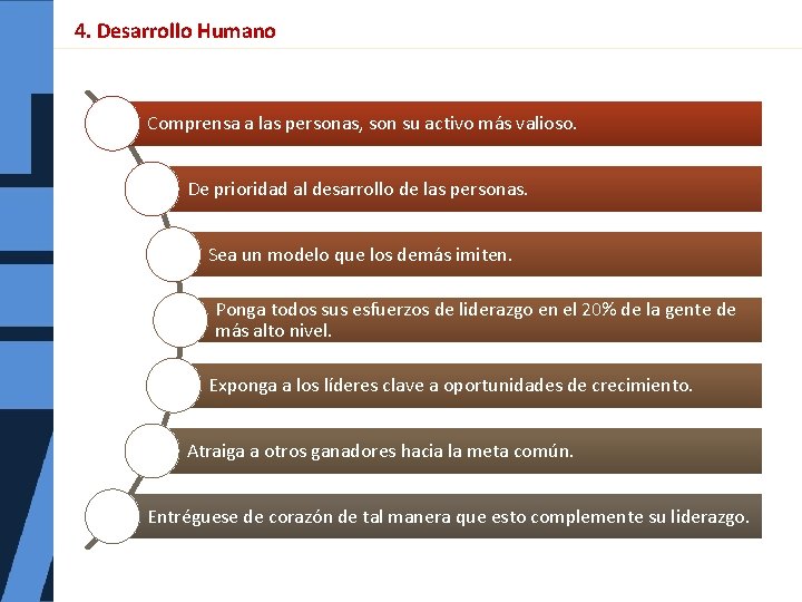 4. Desarrollo Humano Comprensa a las personas, son su activo más valioso. De prioridad