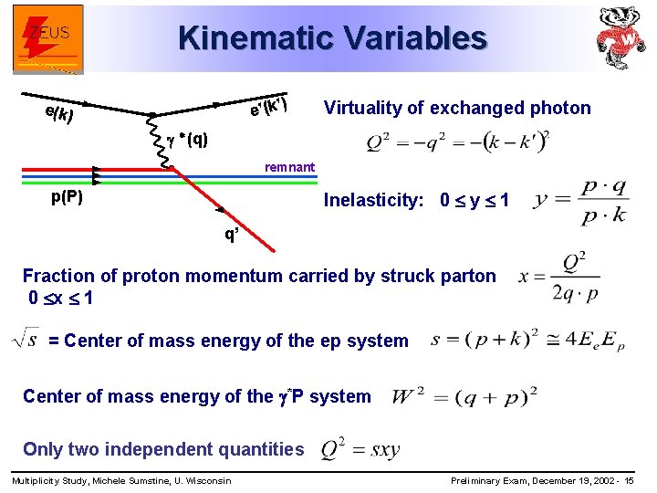 Kinematic Variables e’(k’) e(k) Virtuality of exchanged photon (q) remnant p(P) Inelasticity: 0 y