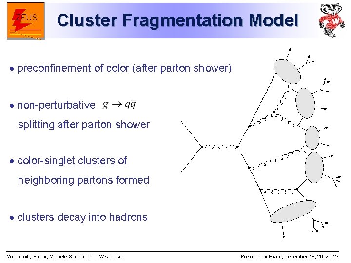 Cluster Fragmentation Model · preconfinement of color (after parton shower) · non-perturbative splitting after