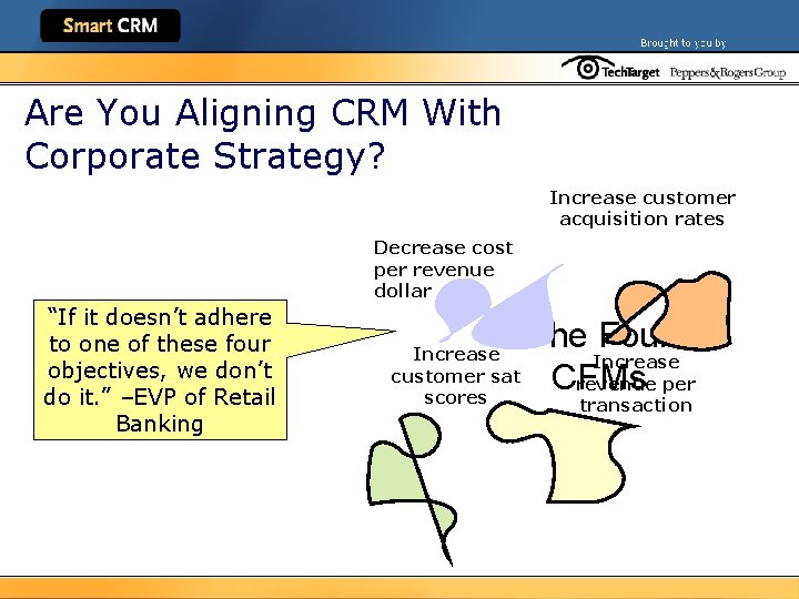 Are You Aligning CRM With Corporate Strategy? Increase customer acquisition rates Decrease cost per