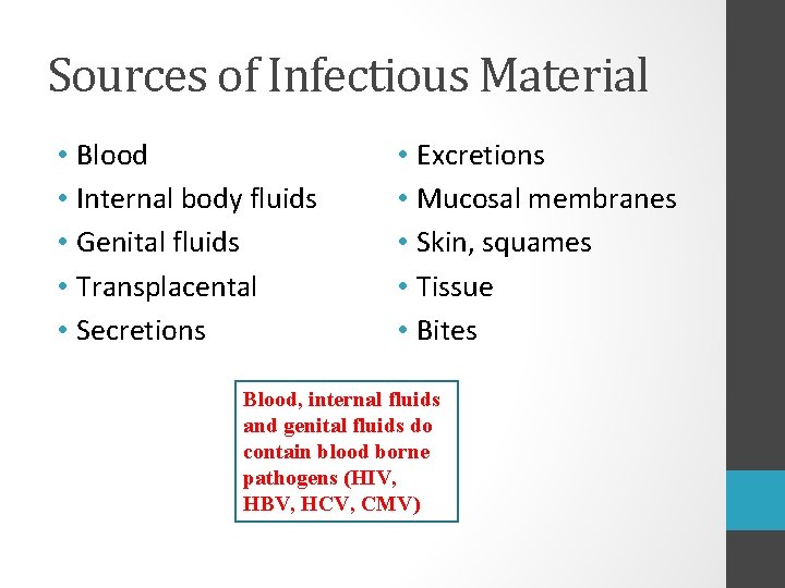 Sources of Infectious Material • Blood • Internal body fluids • Genital fluids •