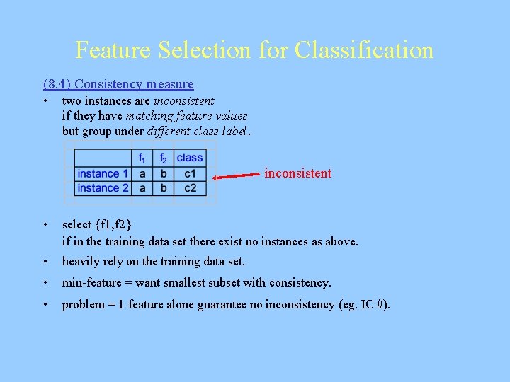 Feature Selection for Classification (8. 4) Consistency measure • two instances are inconsistent if