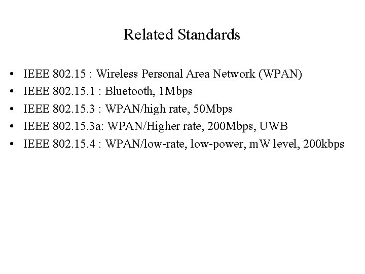 Related Standards • • • IEEE 802. 15 : Wireless Personal Area Network (WPAN)