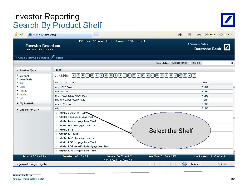 Investor Reporting Search By Product Shelf Select the Shelf Deutsche Bank Global Transaction Bank