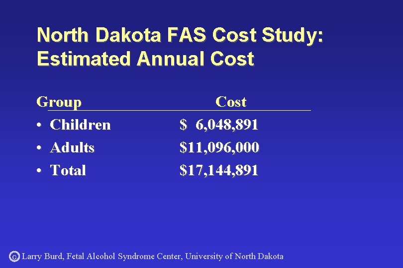 North Dakota FAS Cost Study: Estimated Annual Cost Group • Children • Adults •