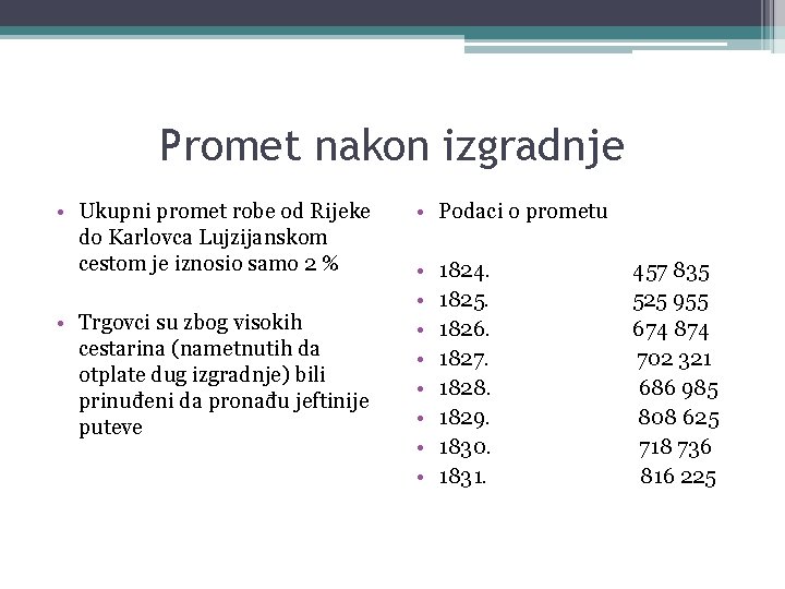 Promet nakon izgradnje • Ukupni promet robe od Rijeke do Karlovca Lujzijanskom cestom je