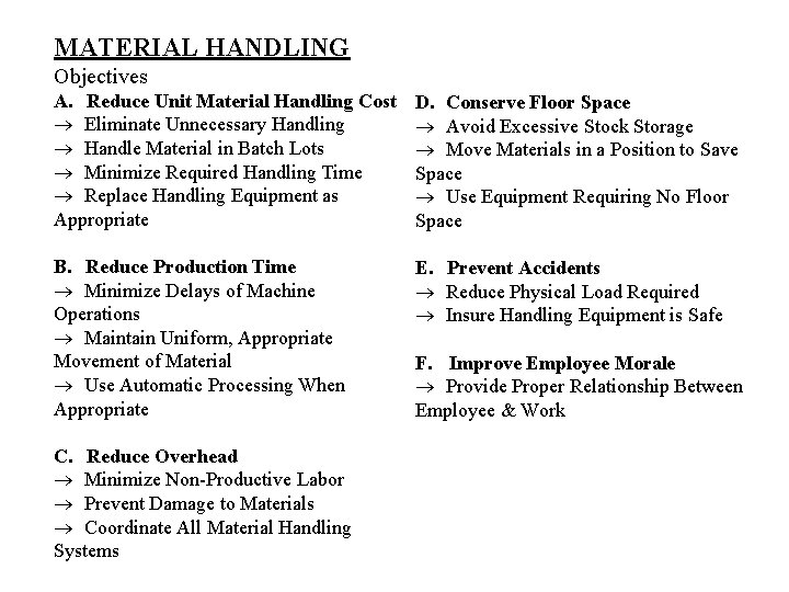 MATERIAL HANDLING Objectives A. Reduce Unit Material Handling Cost ® Eliminate Unnecessary Handling ®