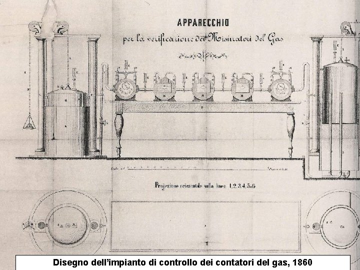 Disegno dell’impianto di controllo dei contatori del gas, 1860 