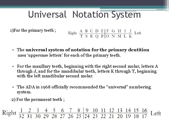 Universal Notation System 1)For the primary teeth ; • The universal system of notation