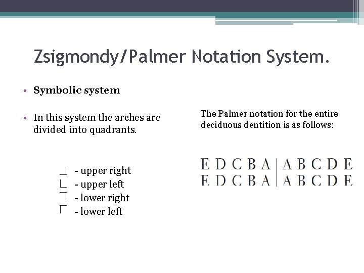 Zsigmondy/Palmer Notation System. • Symbolic system • In this system the arches are divided