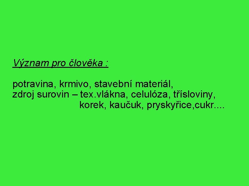 Význam pro člověka : potravina, krmivo, stavební materiál, zdroj surovin – tex. vlákna, celulóza,