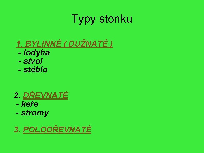 Typy stonku 1. BYLINNÉ ( DUŽNATÉ ) - lodyha - stvol - stéblo 2.