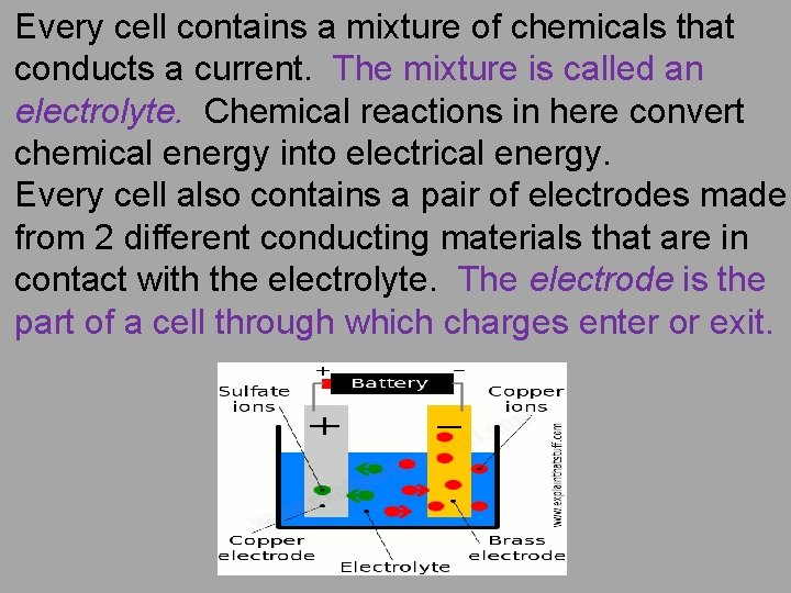 Every cell contains a mixture of chemicals that conducts a current. The mixture is