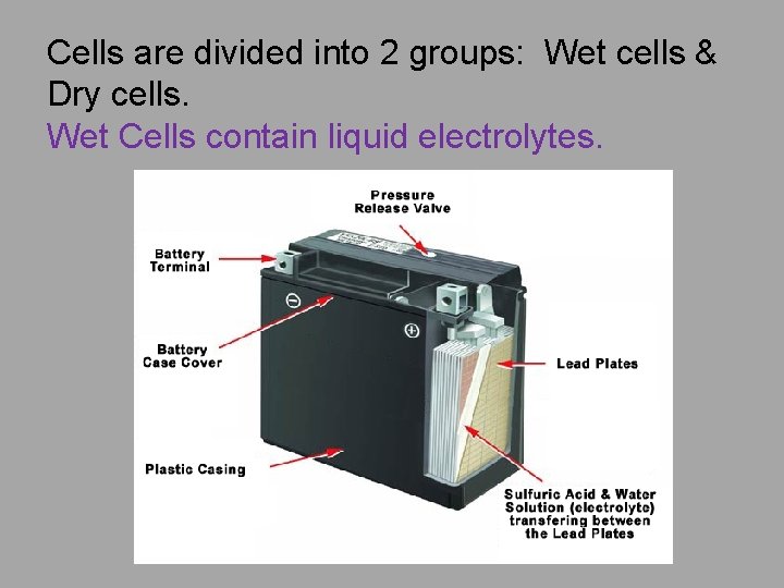 Cells are divided into 2 groups: Wet cells & Dry cells. Wet Cells contain