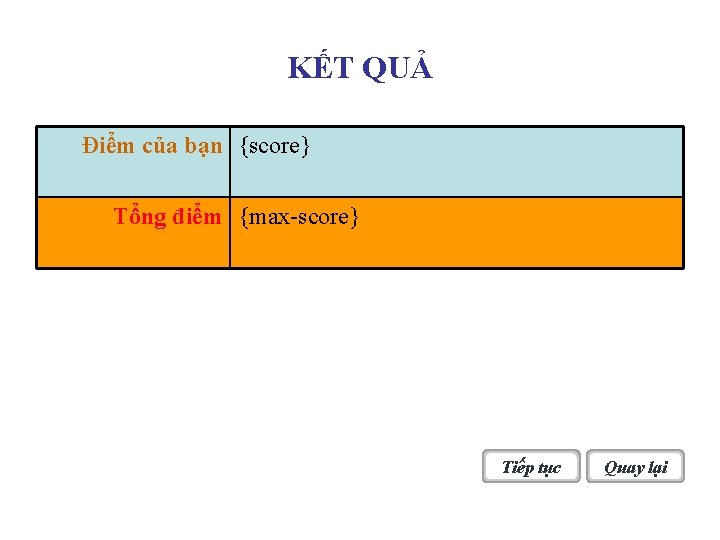KẾT QUẢ Điểm của bạn {score} Tổng điểm {max-score} Tiếp tục Quay lại 