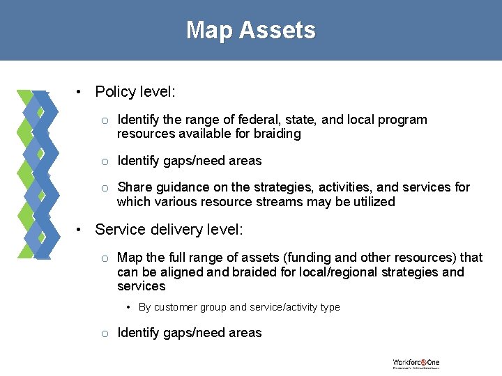 Map Assets • Policy level: o Identify the range of federal, state, and local