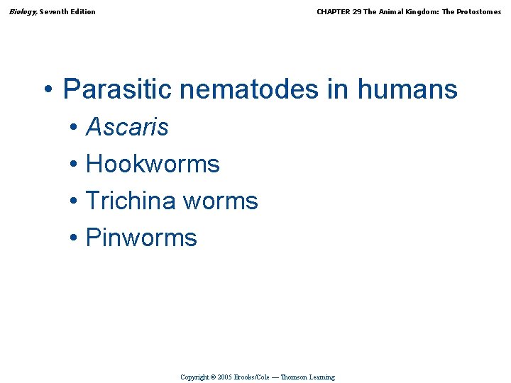 Biology, Seventh Edition CHAPTER 29 The Animal Kingdom: The Protostomes • Parasitic nematodes in