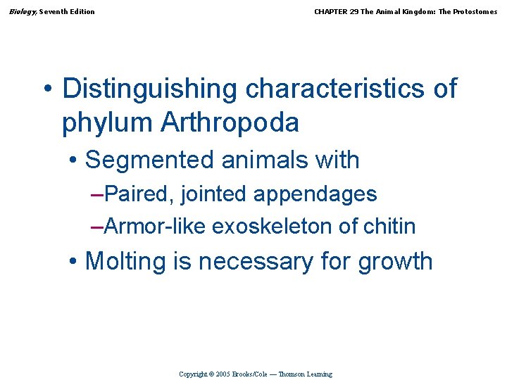 Biology, Seventh Edition CHAPTER 29 The Animal Kingdom: The Protostomes • Distinguishing characteristics of