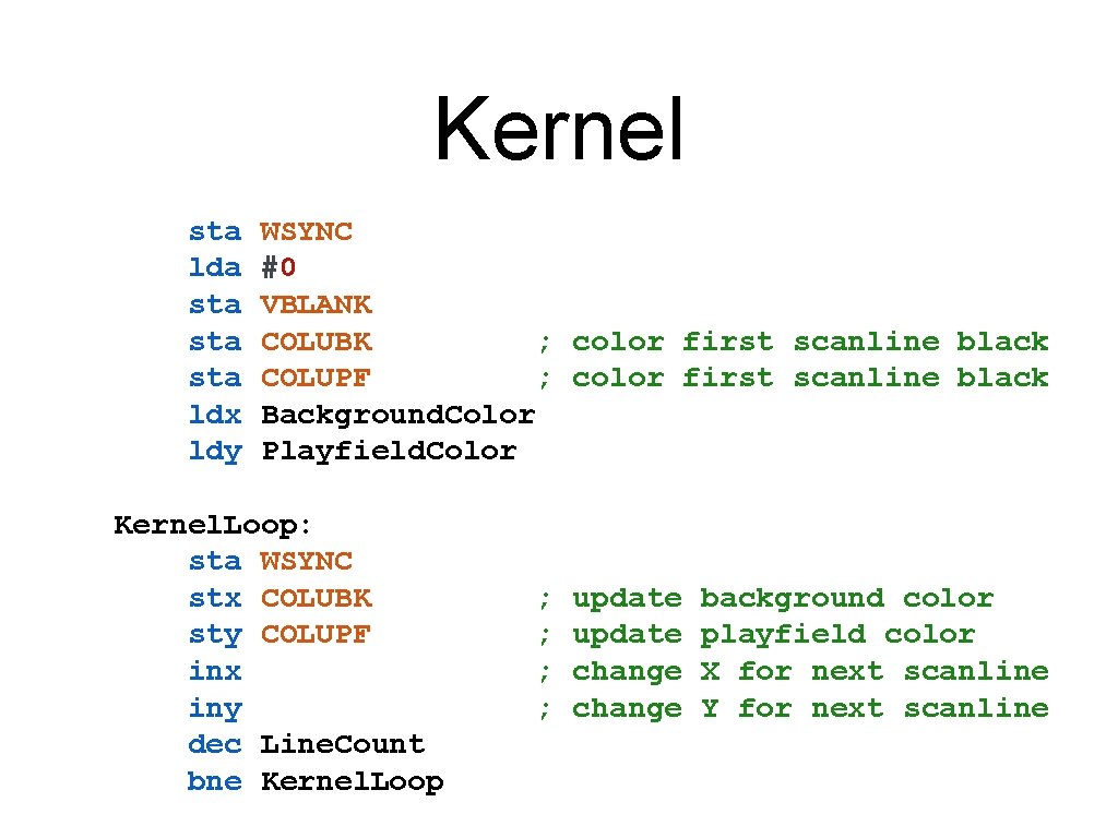 Kernel sta lda sta sta ldx ldy WSYNC #0 VBLANK COLUBK ; color first