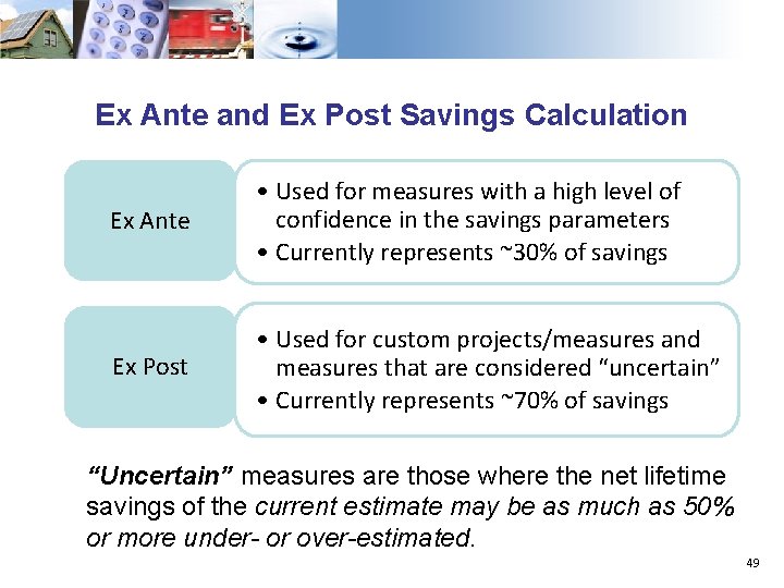 Ex Ante and Ex Post Savings Calculation Ex Ante • Used for measures with