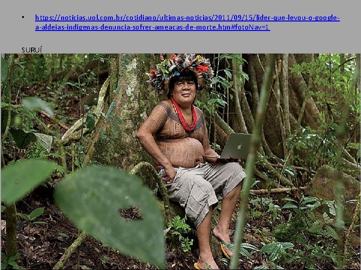  • https: //noticias. uol. com. br/cotidiano/ultimas-noticias/2011/09/15/lider-que-levou-o-googlea-aldeias-indigenas-denuncia-sofrer-ameacas-de-morte. htm#foto. Nav=1 SURUÍ 