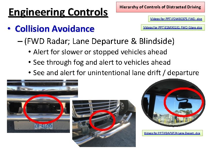 Engineering Controls • Collision Avoidance Hierarchy of Controls of Distracted Driving Videos for PPTFDW