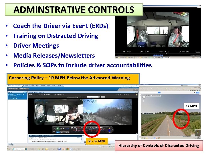 ADMINSTRATIVE CONTROLS • • • Coach the Driver via Event (ERDs) Training on Distracted