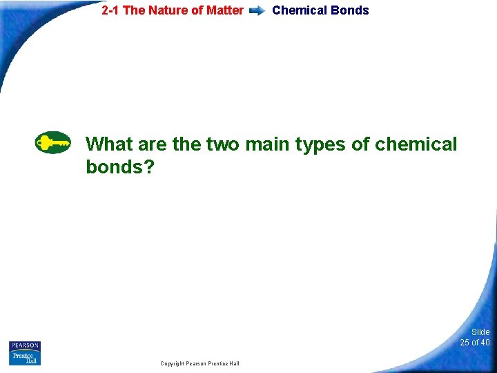 2 -1 The Nature of Matter Chemical Bonds What are the two main types