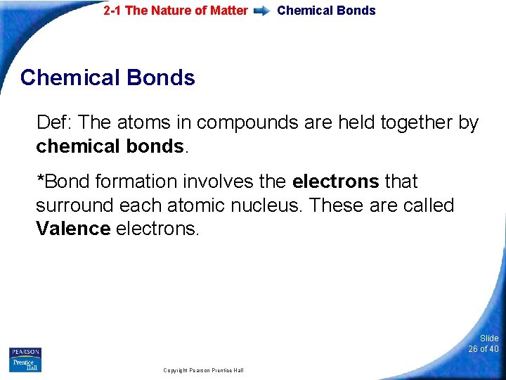 2 -1 The Nature of Matter Chemical Bonds Def: The atoms in compounds are