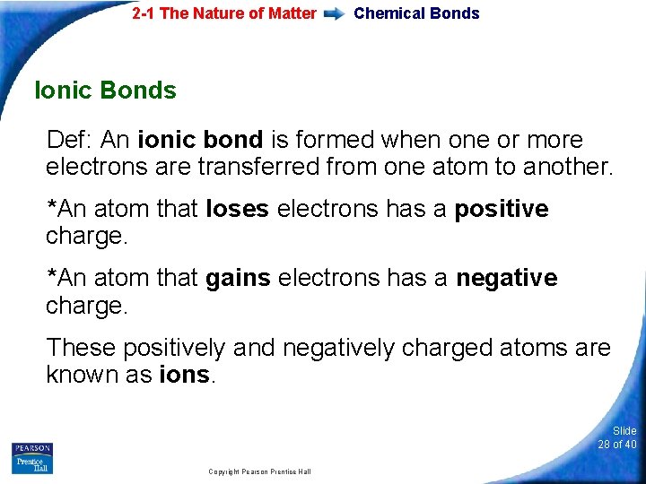 2 -1 The Nature of Matter Chemical Bonds Ionic Bonds Def: An ionic bond