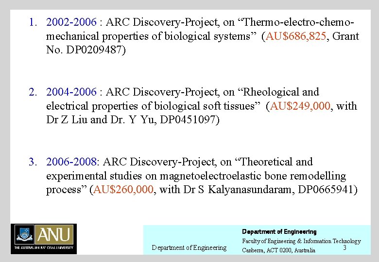 1. 2002 -2006 : ARC Discovery-Project, on “Thermo-electro-chemomechanical properties of biological systems” (AU$686, 825,