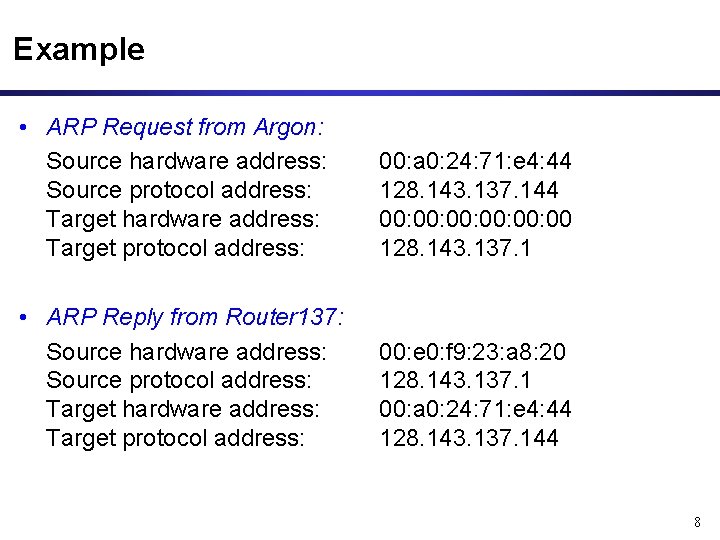 Example • ARP Request from Argon: Source hardware address: Source protocol address: Target hardware