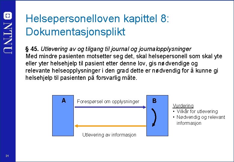 Helsepersonelloven kapittel 8: Dokumentasjonsplikt § 45. Utlevering av og tilgang til journal og journalopplysninger