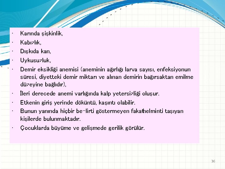  • • • Karında şişkinlik, Kabızlık, Dışkıda kan, Uykusuzluk, Demir eksikliği anemisi (aneminin