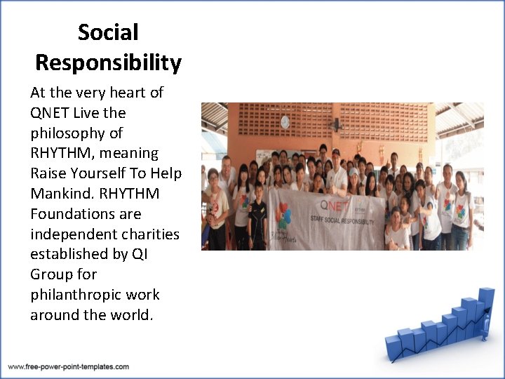Social Responsibility At the very heart of QNET Live the philosophy of RHYTHM, meaning