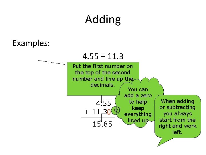 Adding Examples: 4. 55 + 11. 3 Put the first number on the top