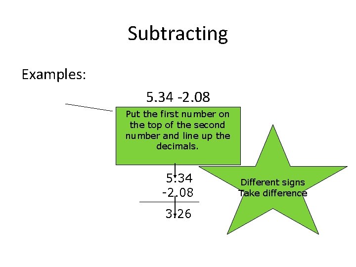 Subtracting Examples: 5. 34 -2. 08 Put the first number on the top of