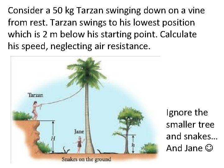 Consider a 50 kg Tarzan swinging down on a vine from rest. Tarzan swings