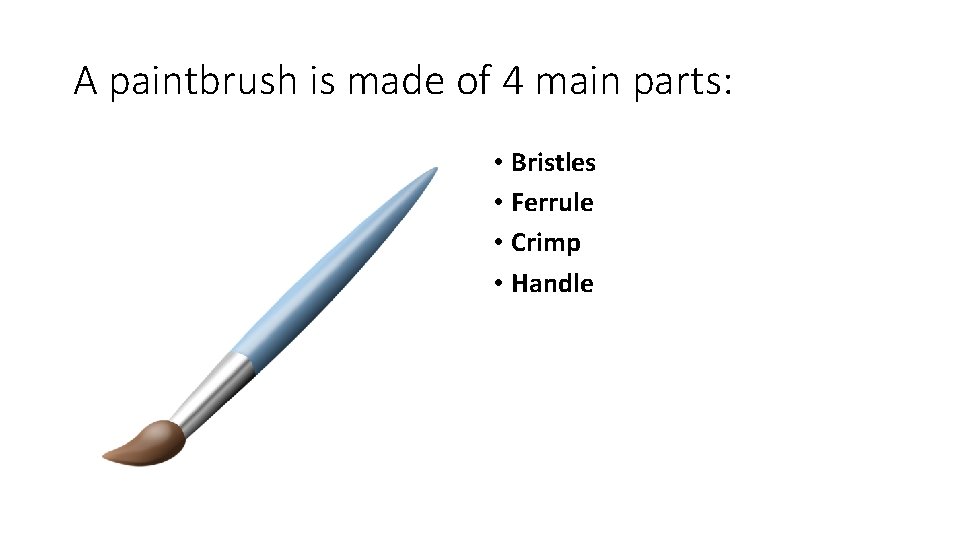 A paintbrush is made of 4 main parts: • Bristles • Ferrule • Crimp
