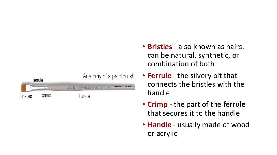  • Bristles - also known as hairs. can be natural, synthetic, or combination